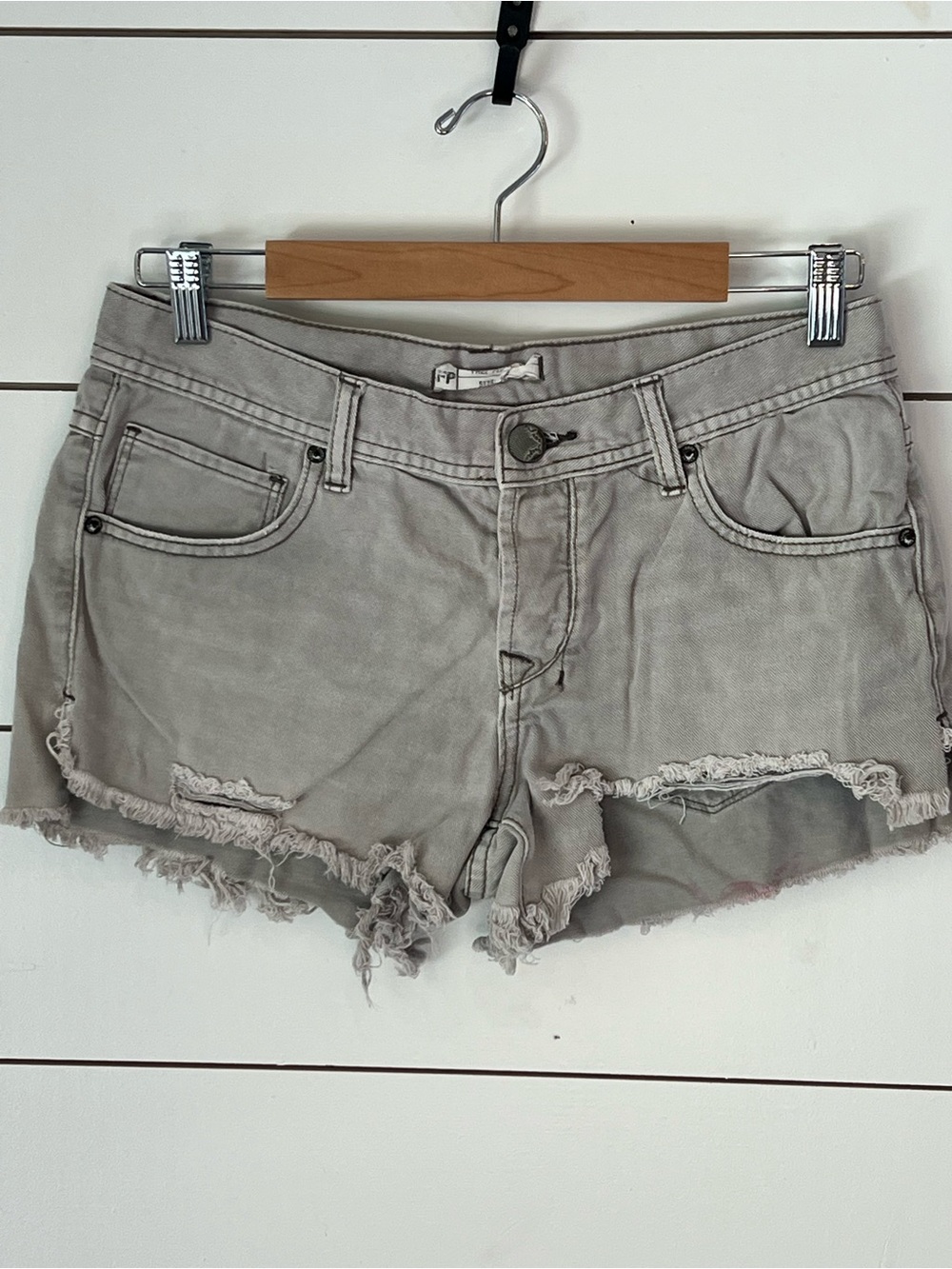 Free People Light Gray Frayed Denim Shorts